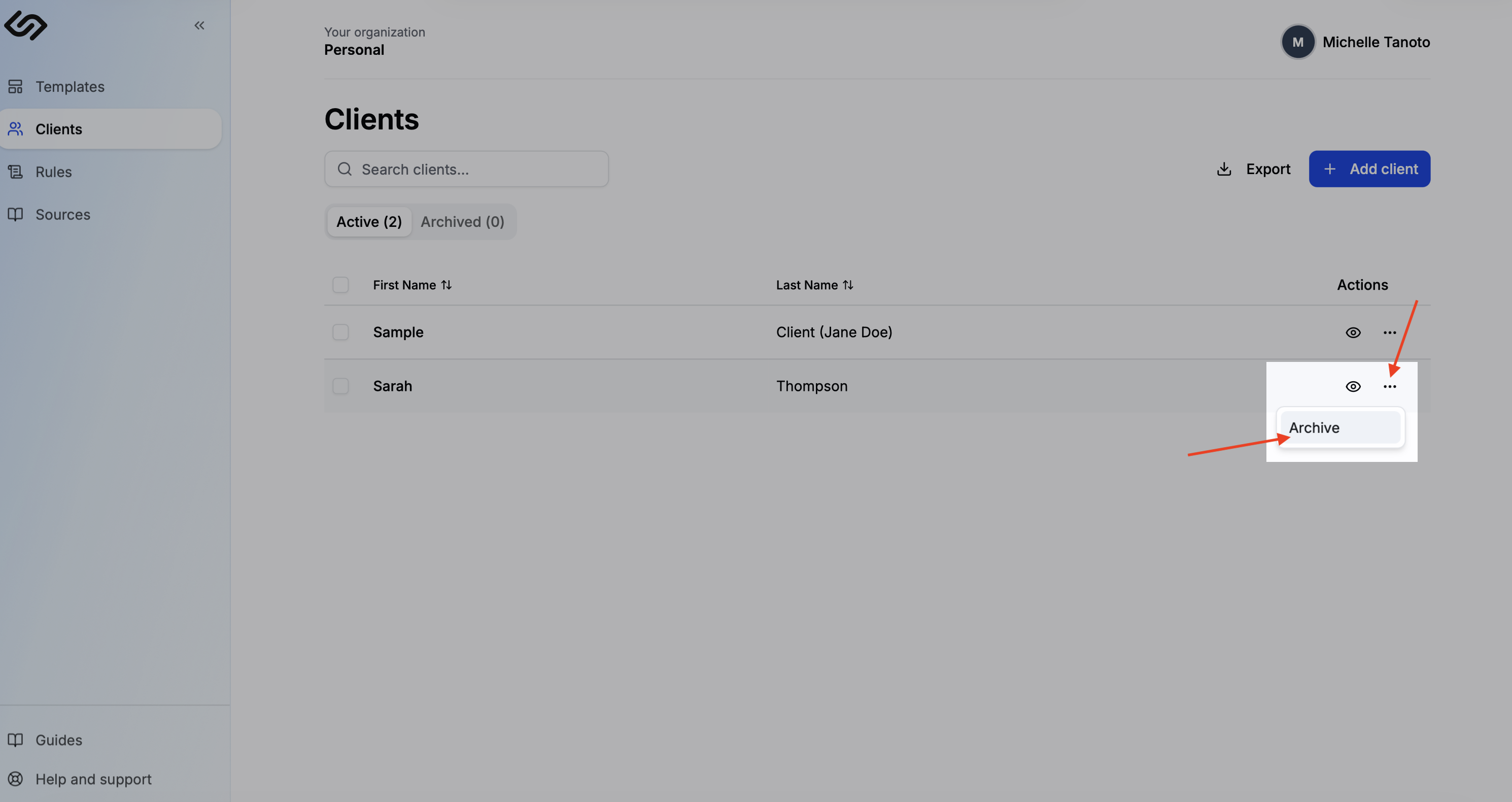 Client list with the archive option highlighted on a client row