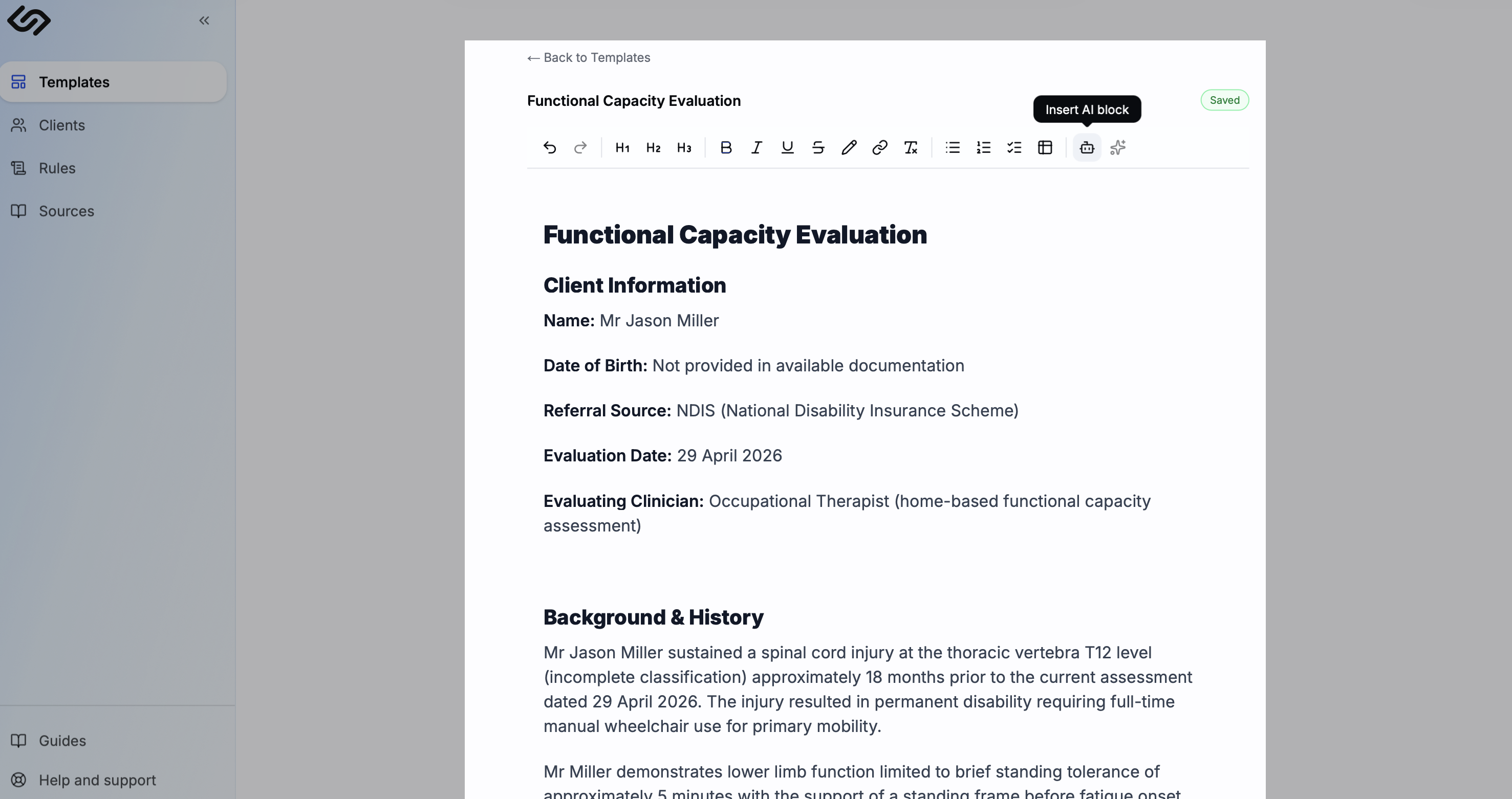 Template editor showing imported Word document content with headings and sections preserved