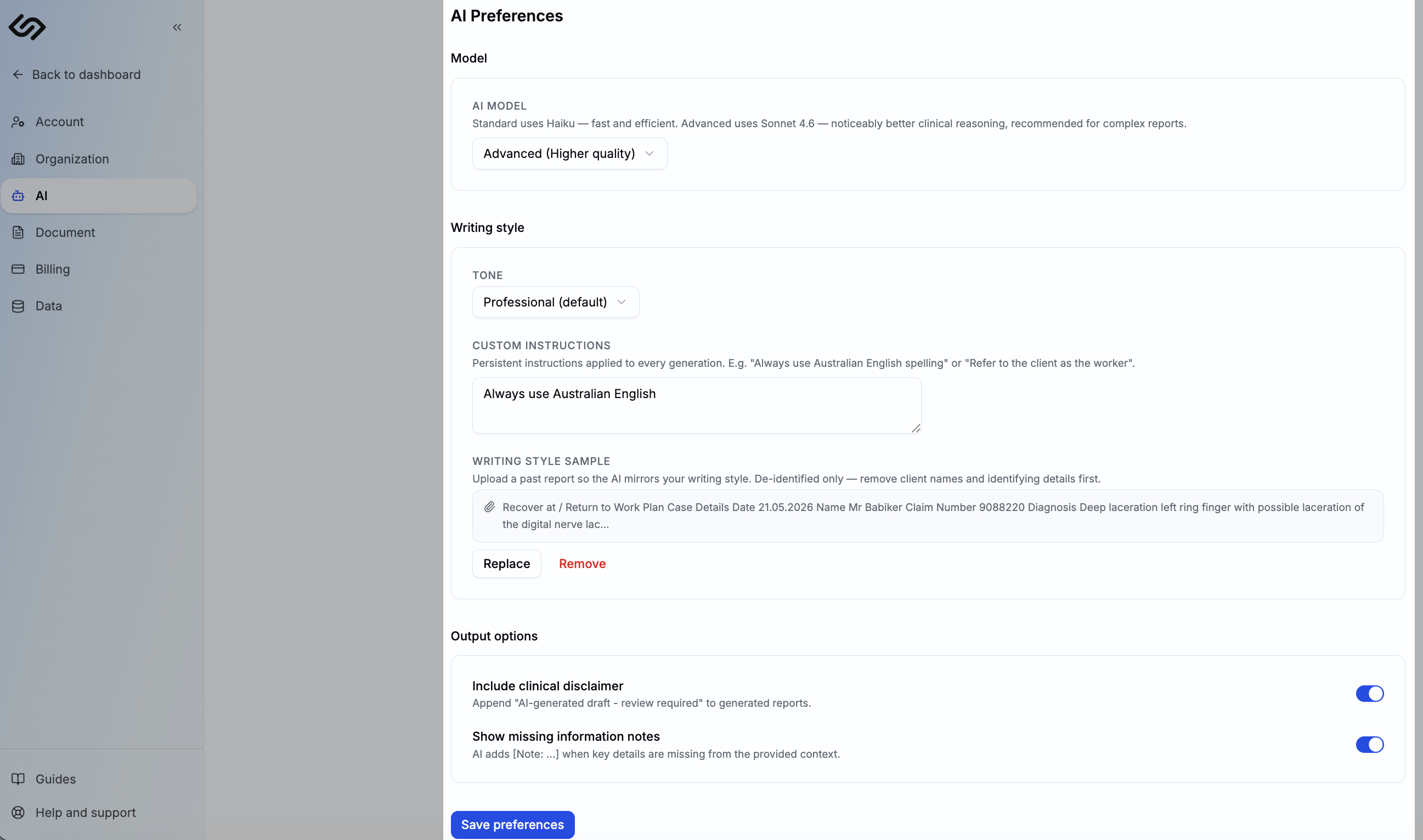AI Preferences settings page showing model, tone, custom instructions, and output options