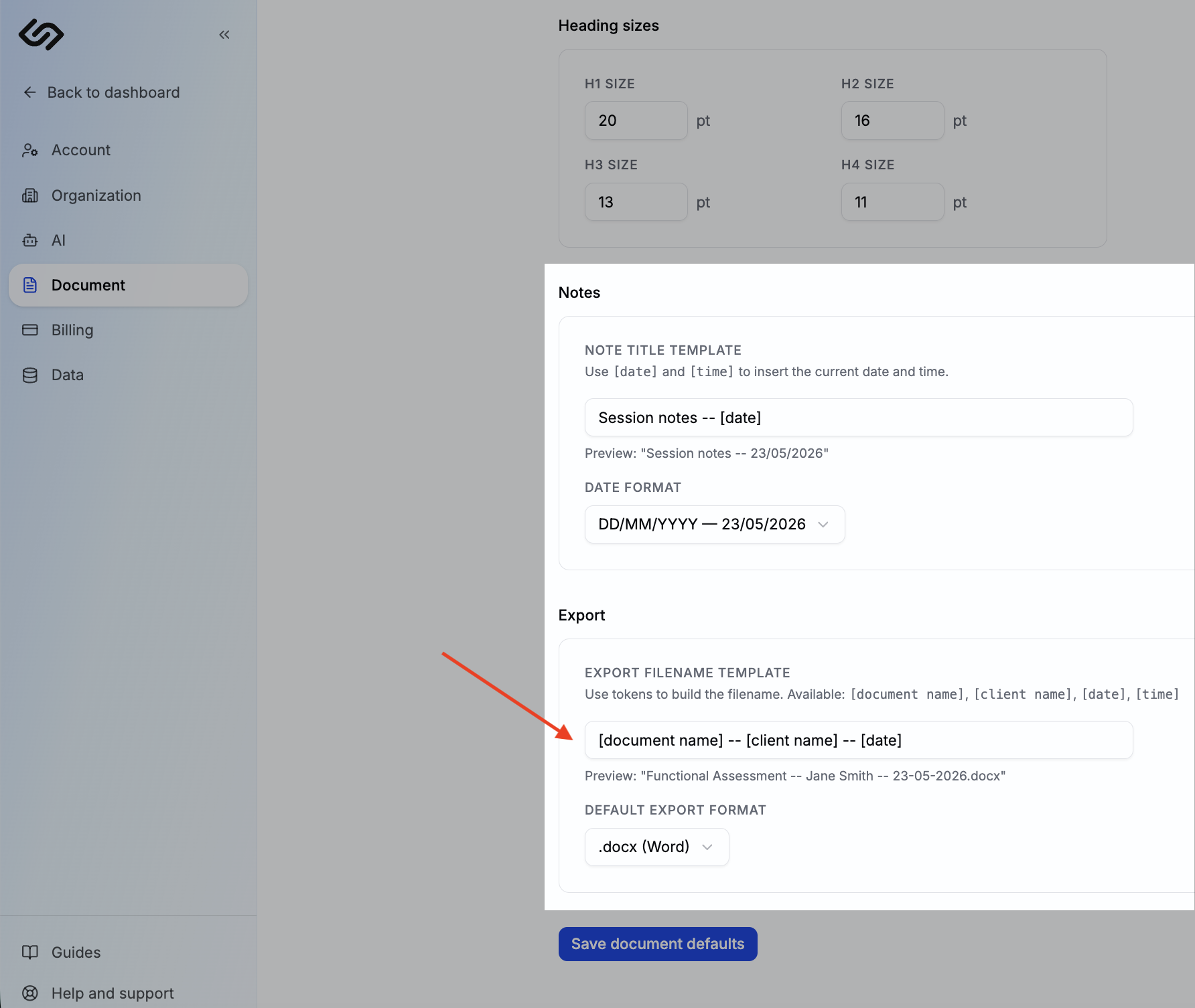 Document defaults page showing the export filename template field with token options